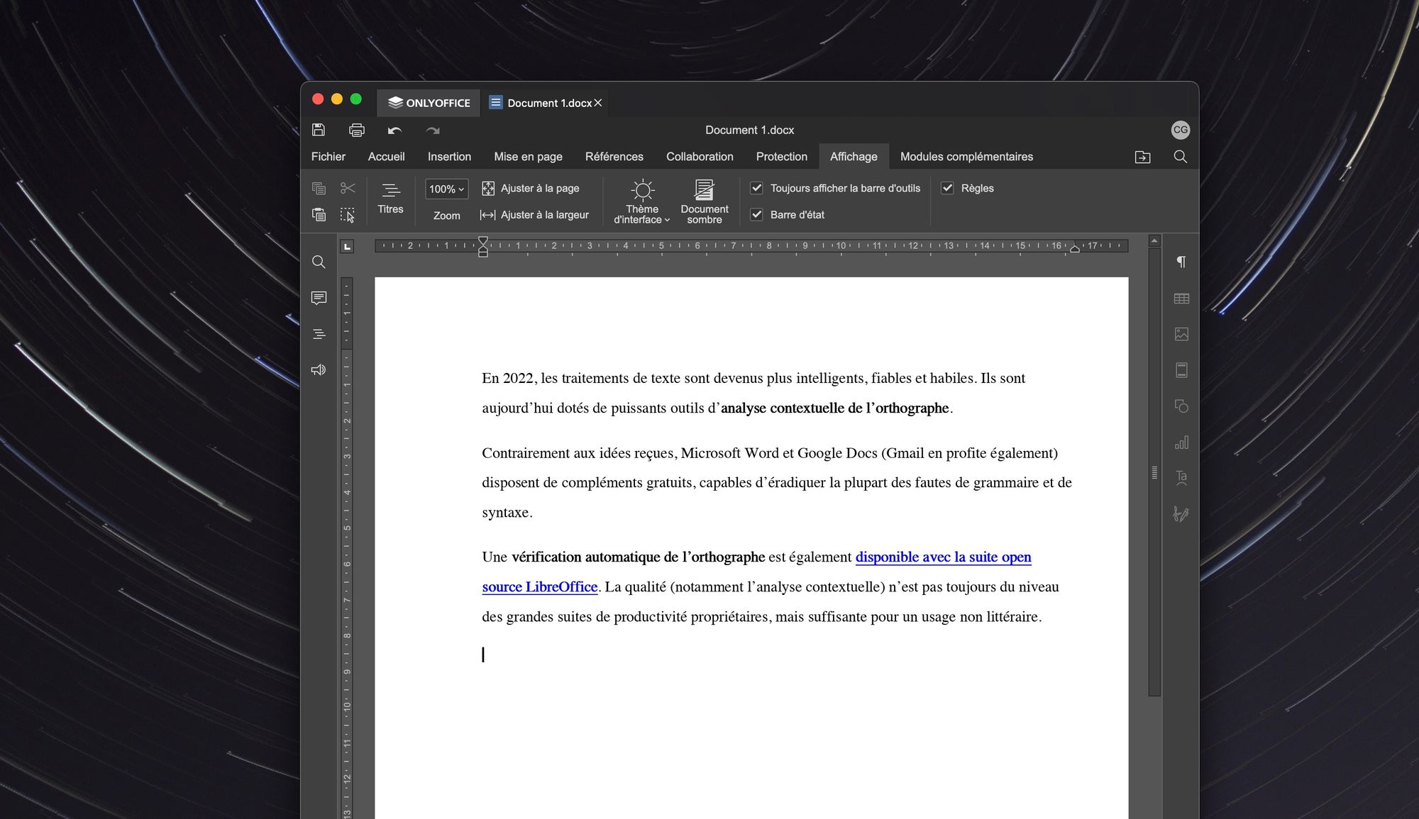 Capture d'écran de OnlyOffice pour macOS avec Correcteur orthographe français
