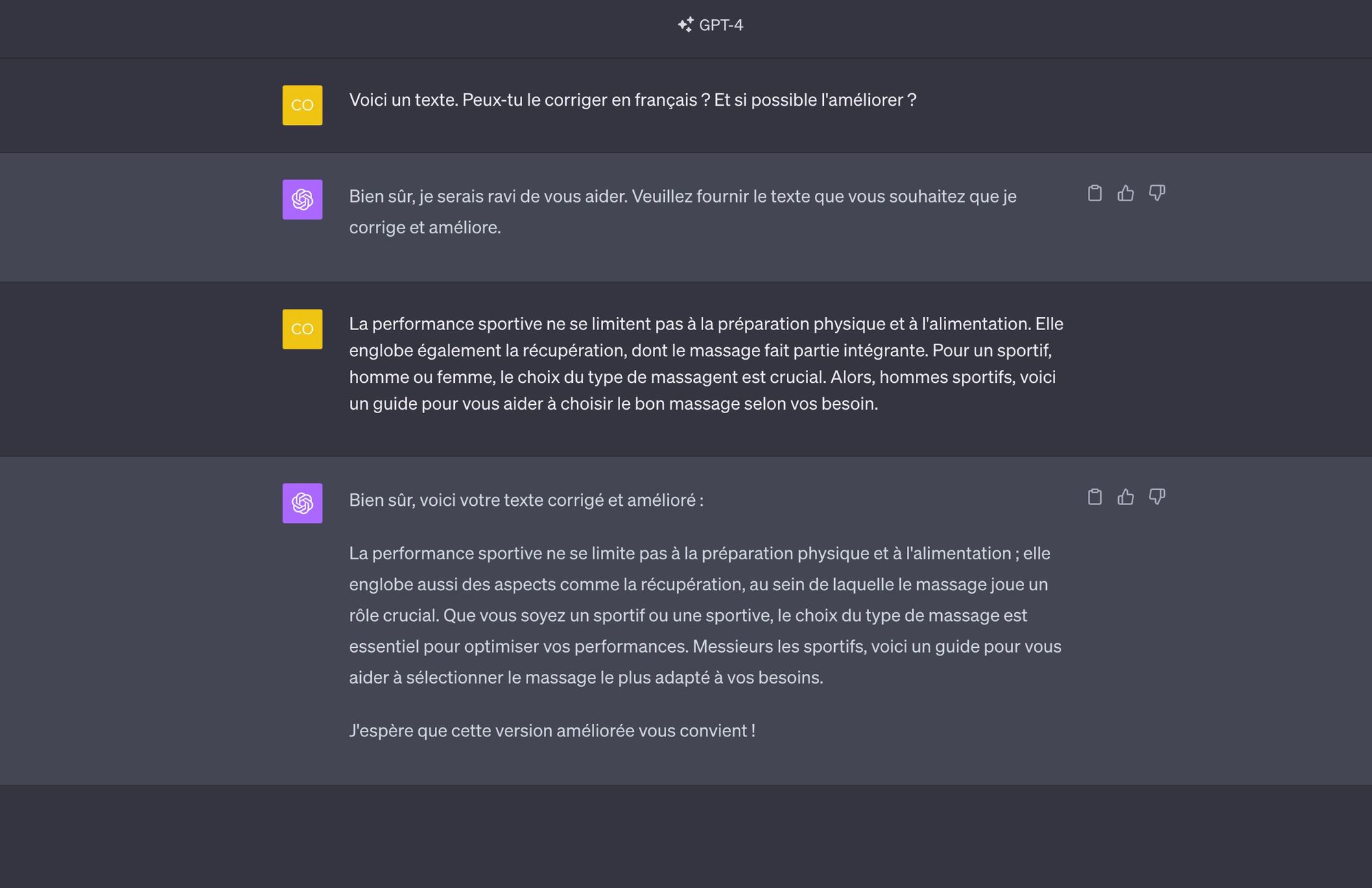 ChatGPT 4 d'OpenAI corrige un texte sur le massage sportif en français et améliore le style
