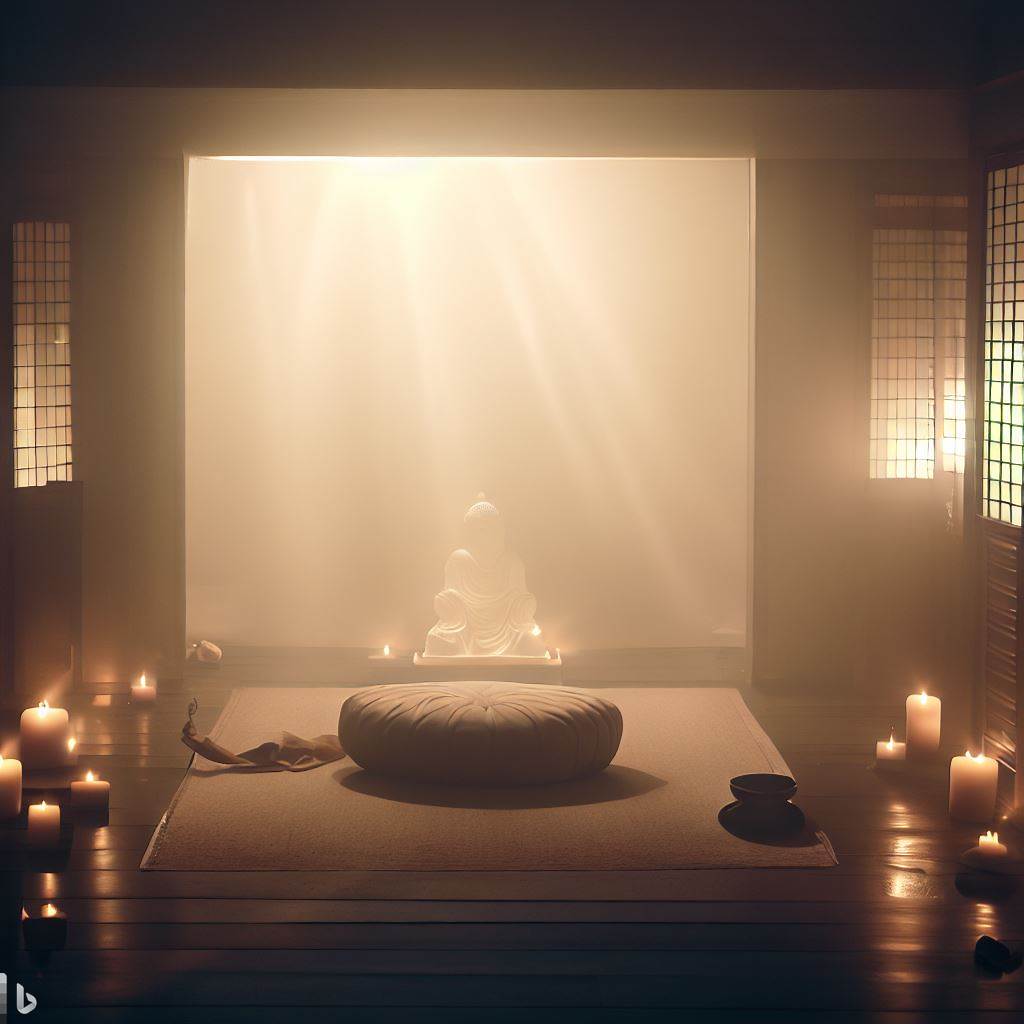 Une pièce dédiée à la méditation dans une maison avec un coussin de méditation, des bougies, de la lumière mais pas trop et peut-être un bouddha (image IA par Bing)