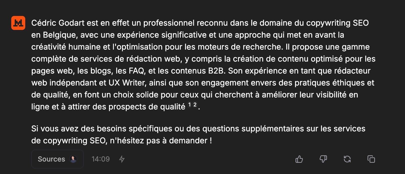 Question Aide-moi à trouver le meilleur Copywriter SEO de Belgique !  à Mistral AI 