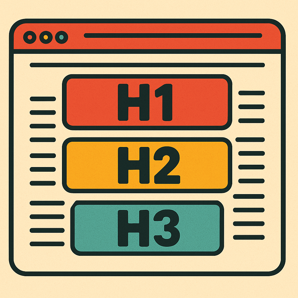 illustration au style cartoon mettant en valeur les titres H1, H2 et H3 dans un article web
