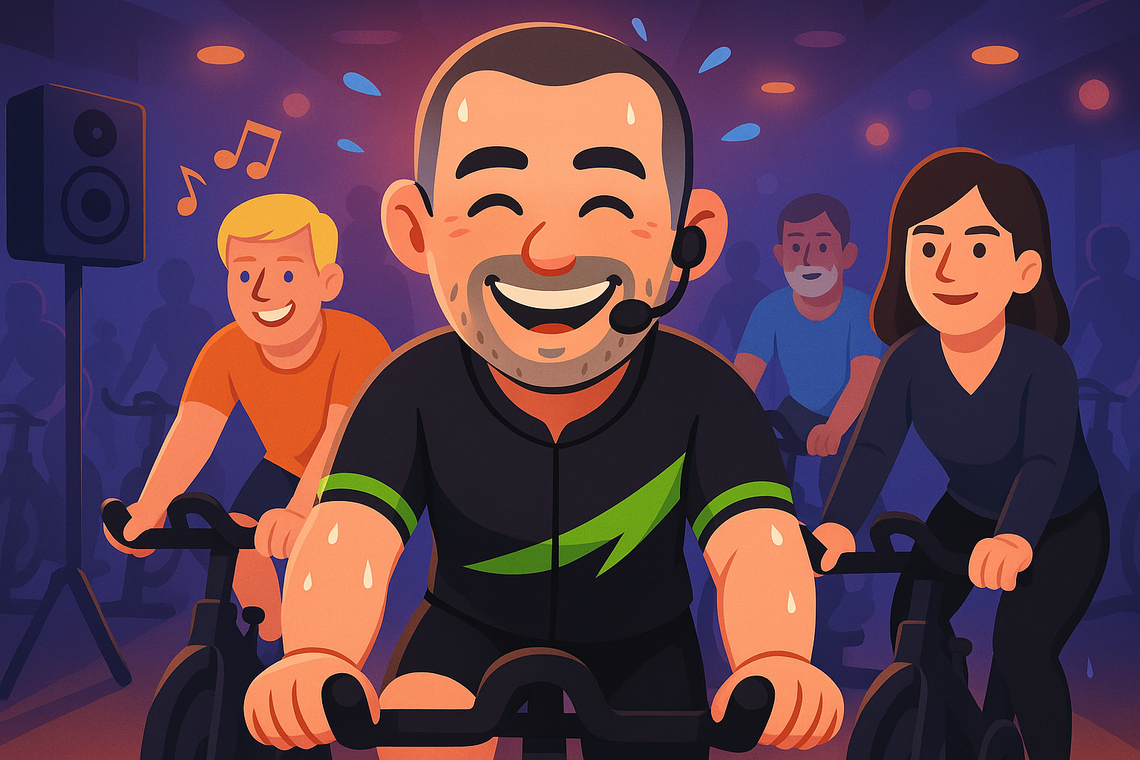 Coach Indoor Cycling certifié souriant, en pleine séance d'entraînement. Illustration de sportifs motivés à Wavre / Brabant Wallon.