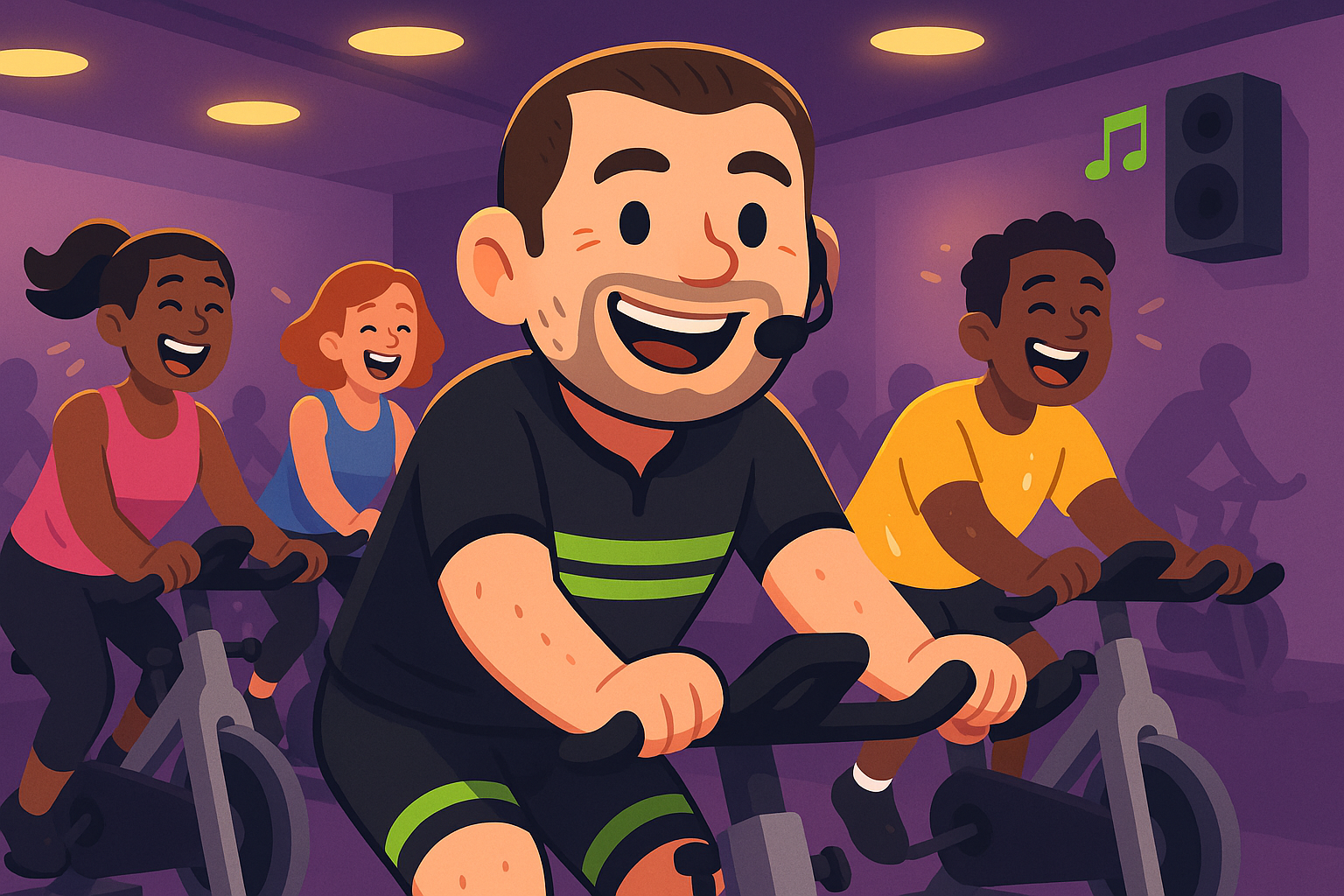 Instructeur de spinning et indoor cycling certifié Globe Cycling avec micro-casque, menant un cours dynamique à Wavre / Brabant Wallon.