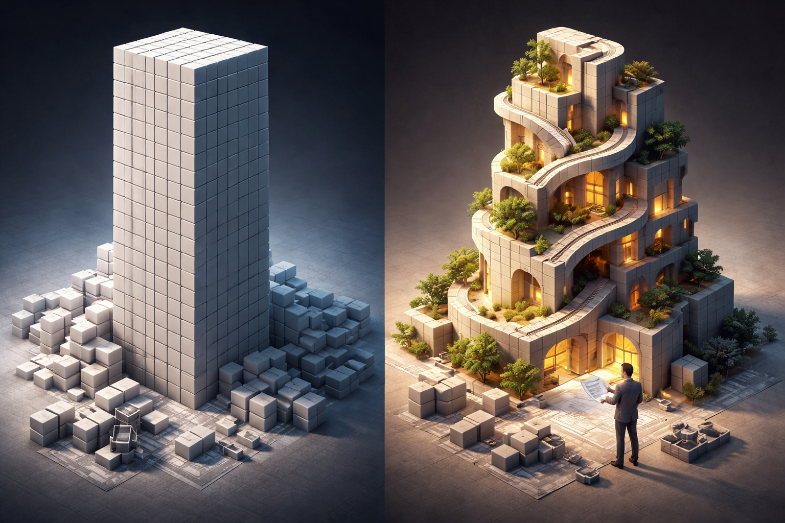 Illustration comparant 2 constructions avec les mêmes blocs : à gauche, une tour uniforme et mécanique ; à droite, une architecture organique et lumineuse pensée par un architecte humain.