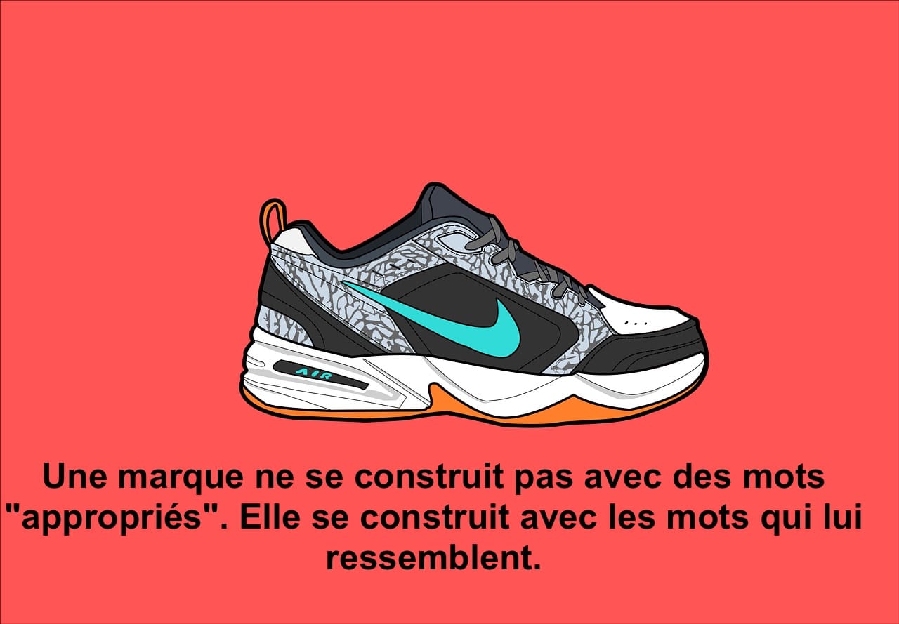 Une marque ne se construit pas avec des mots "appropriés". Elle se construit avec les mots qui lui ressemblent. Illustration du concept d'architecture narrative.