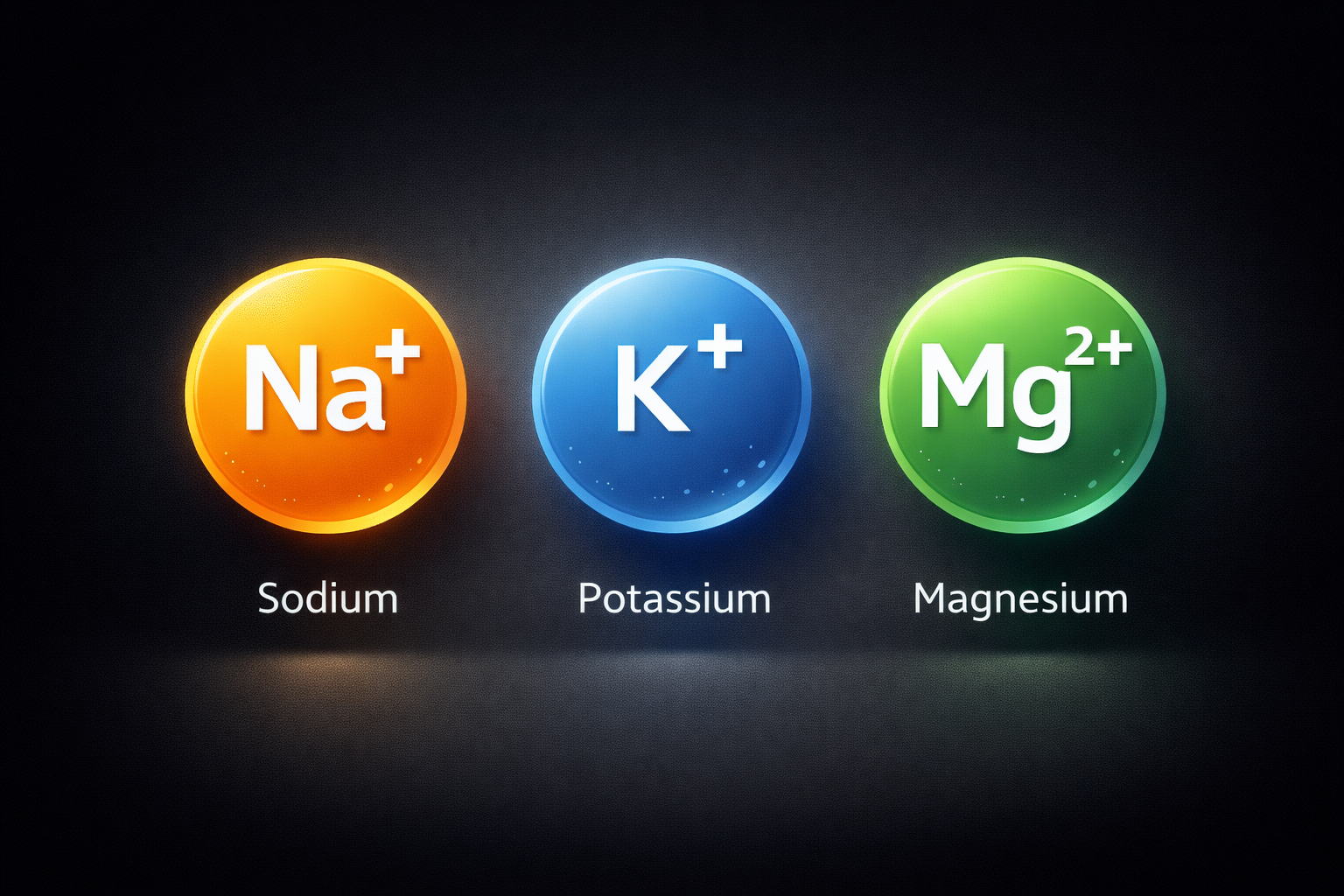 Représentation des trois principaux électrolytes perdus à l'effort : sodium Na⁺, potassium K⁺ et magnésium Mg²⁺