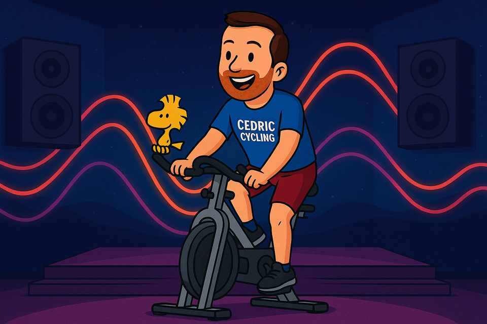 Illustration cartoon d’un instructeur d’indoor cycling en salle, sur podium, avec musique et énergie positive,