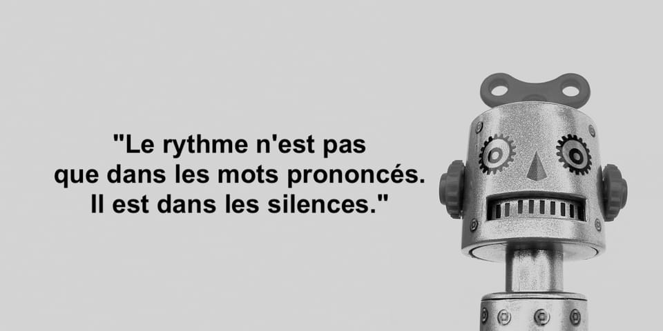 Illustration de robot vintage à côté d’une citation sur le rythme et les silences dans le langage, symbolisant les limites de l’IA face à la sensibilité narrative humaine.
